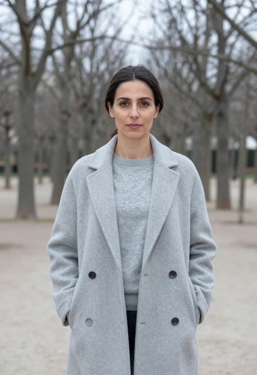 AI celine triomphe tuileries pale grey sample — portrait of a woman, an Italian woman in her mid-forties wit