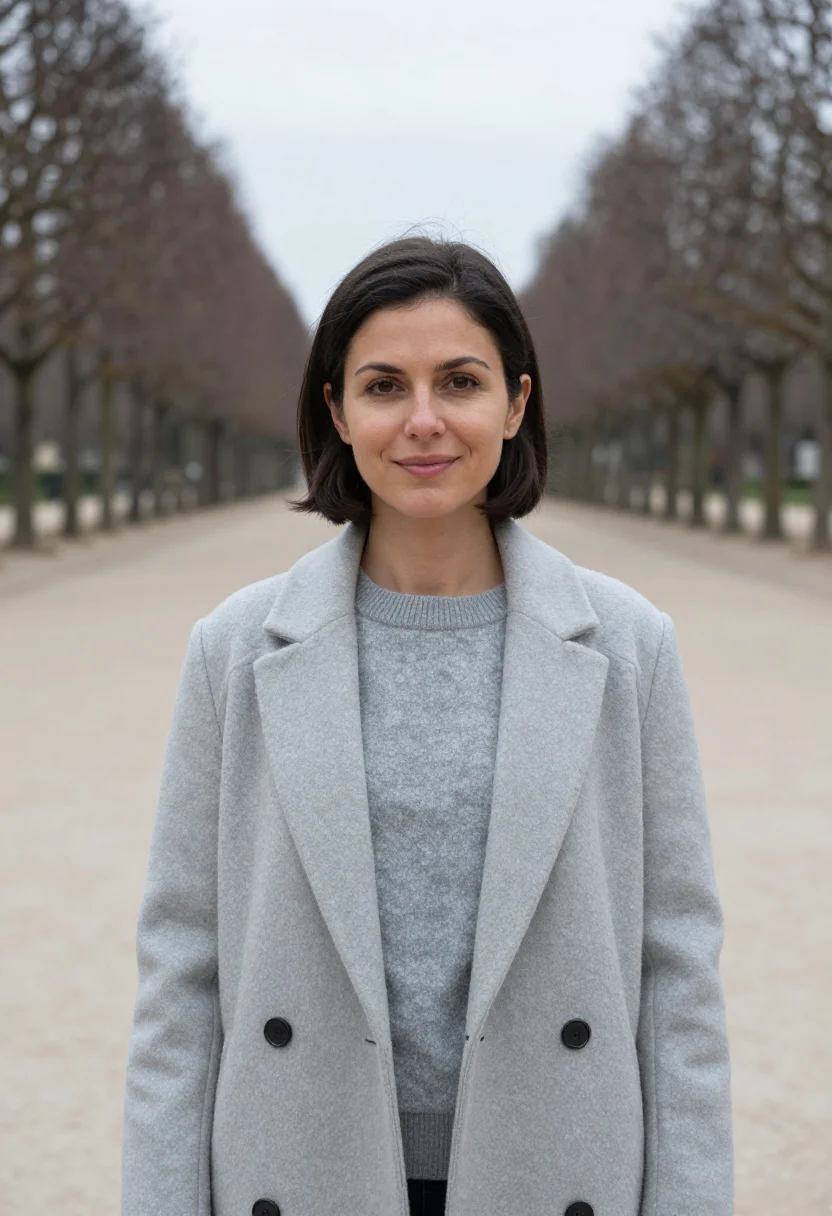 AI celine triomphe tuileries pale grey sample — portrait of a woman, a French woman in her early forties wit