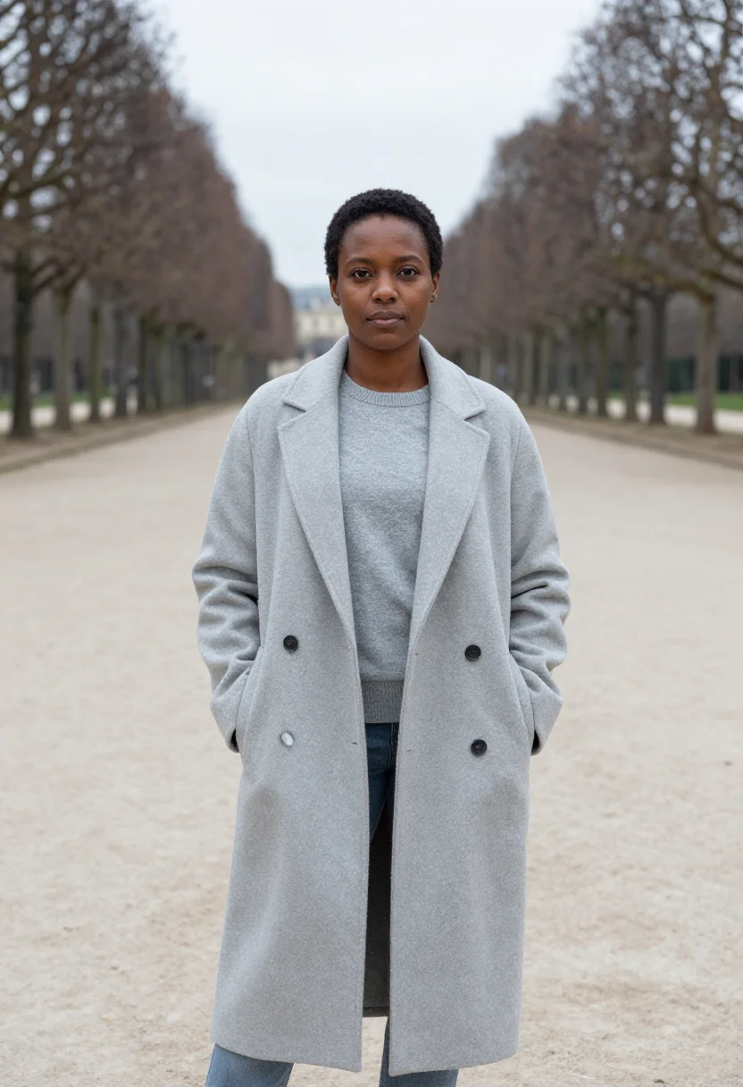 AI celine triomphe tuileries pale grey sample — portrait of a woman, a French woman of Ivorian descent in he