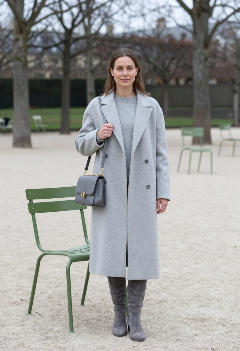 AI celine triomphe tuileries pale grey sample — portrait of a woman, a French woman in her mid-thirties with