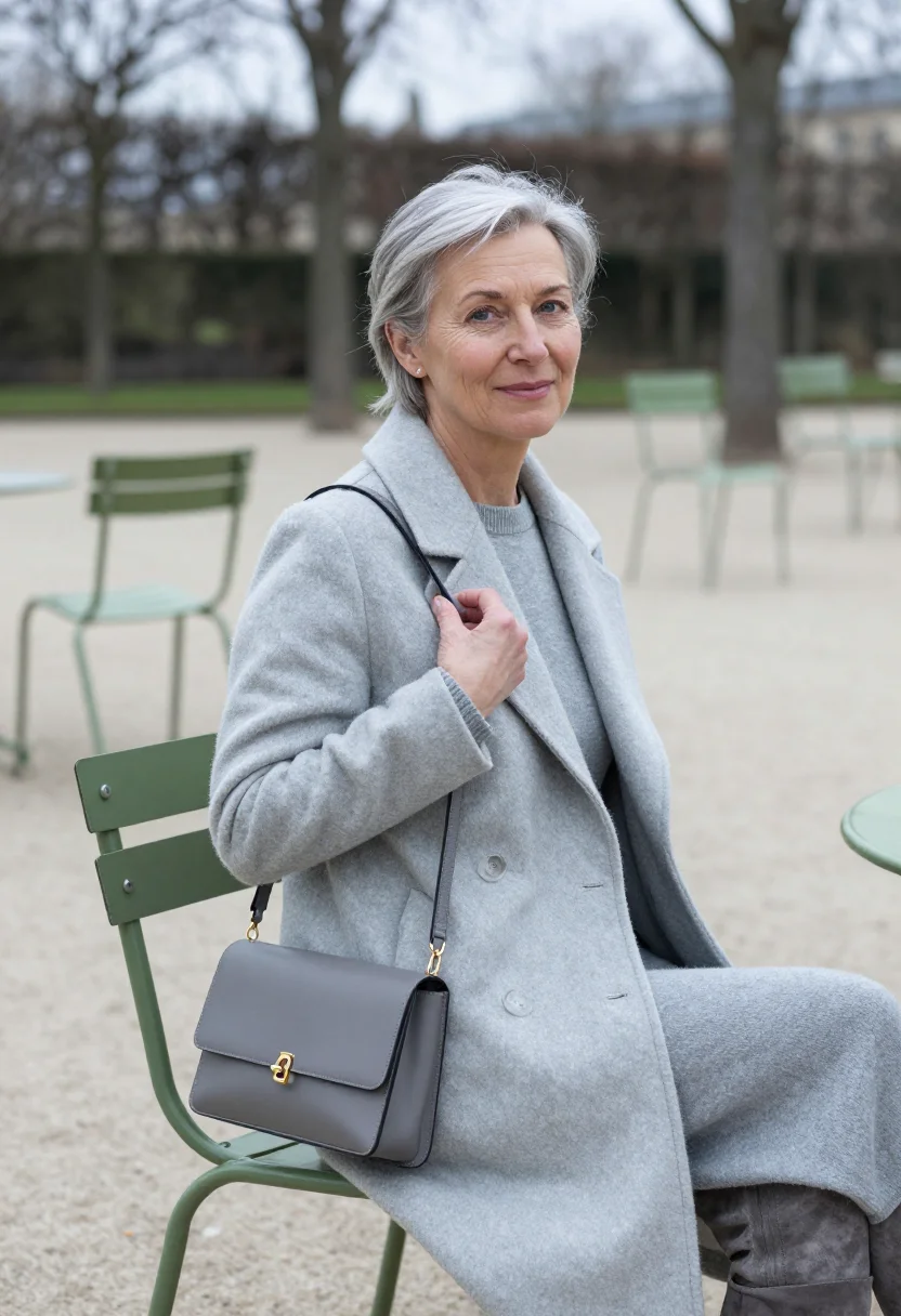 AI celine triomphe tuileries pale grey sample — portrait of a woman, a Swiss woman in her early fifties with