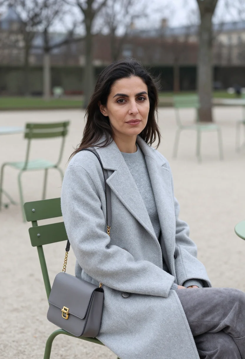 AI celine triomphe tuileries pale grey sample — portrait of a woman, a French woman of Lebanese descent in h