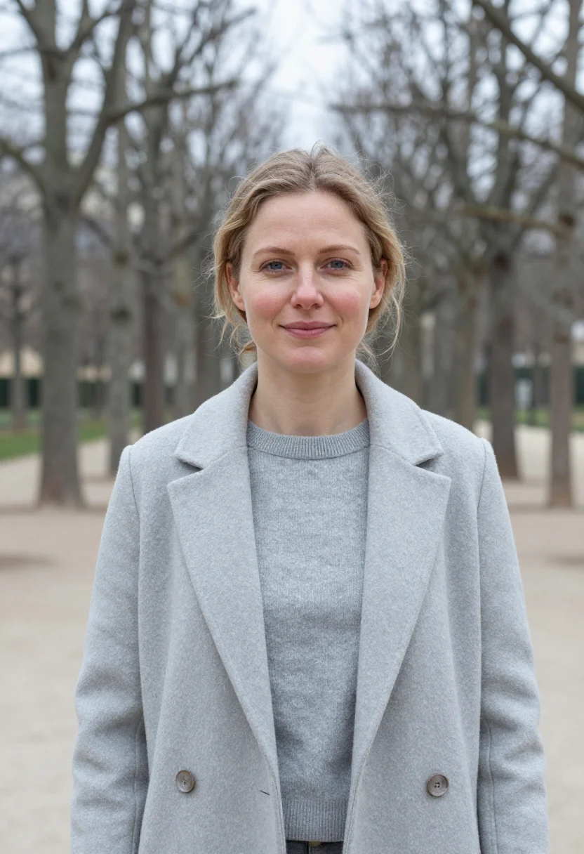 AI celine triomphe tuileries pale grey sample — portrait of a woman, a French woman in her late thirties wit