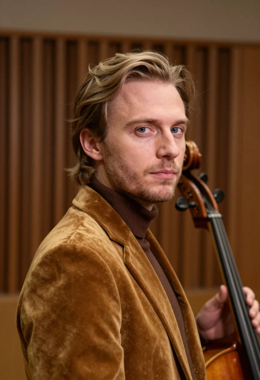 AI cellist varnish brown sample — portrait of a man, framed head and shoulders, tighter, the b