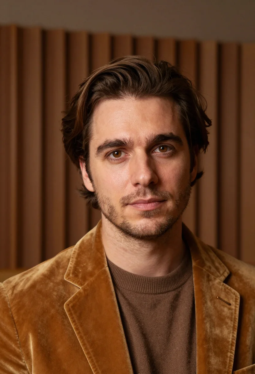 AI cellist varnish brown sample — portrait of a man, framed tight on the head, the body close