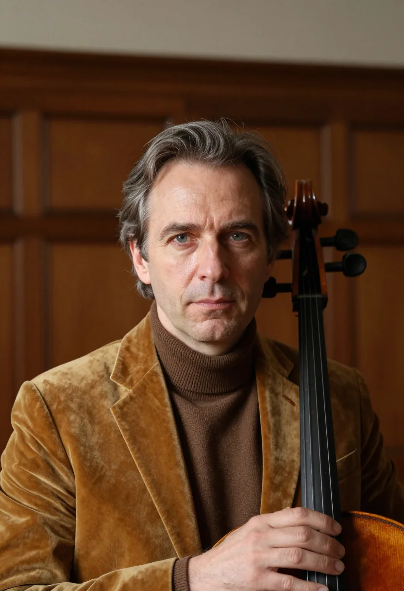 AI cellist varnish brown sample — portrait of a man, framed tight on the head, the body close
