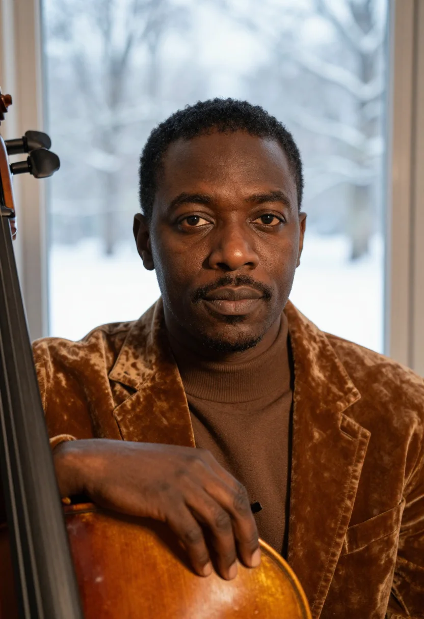 AI cellist varnish brown sample — portrait of a man, framed tight on the head, the body close