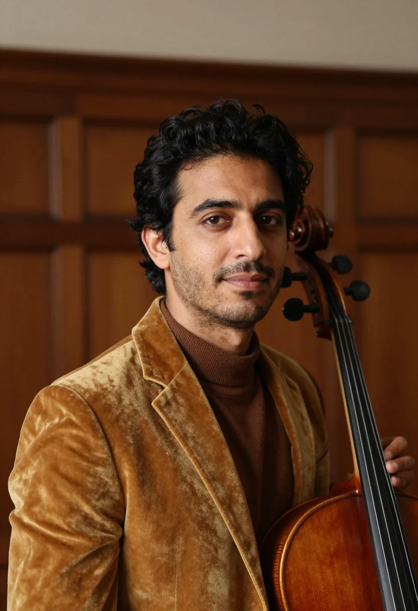 AI cellist varnish brown sample — portrait of a man, framed head and shoulders, tighter, the b