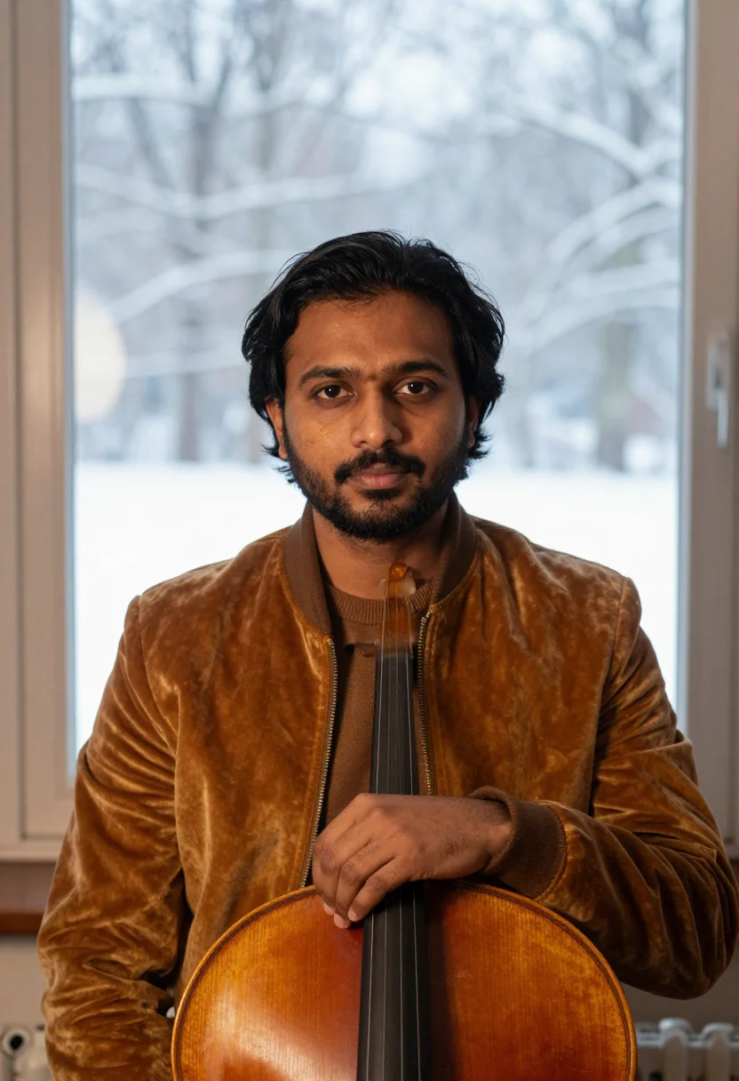 AI cellist varnish brown sample — portrait of a man, framed chest-up from the ribs with the bo