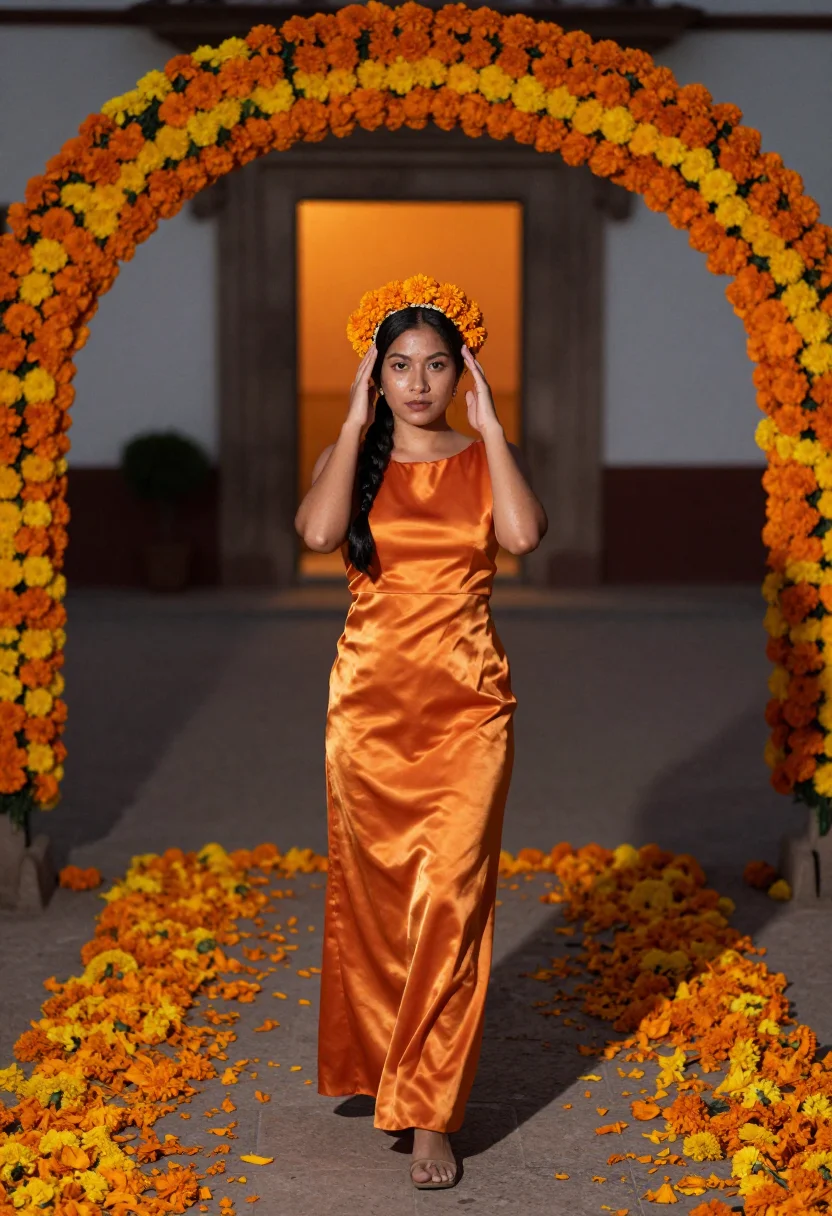 AI cempasuchil orange sample — portrait of a woman, a Mexican woman in her thirties with ho