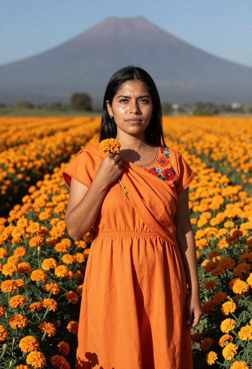 AI cempasuchil orange sample — portrait of a woman, a Mexican woman in her early thirties w