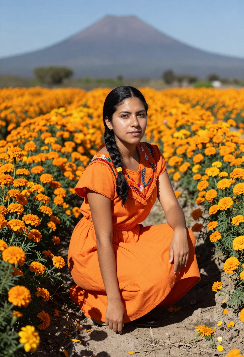 AI cempasuchil orange sample — portrait of a woman, a Mexican woman in her twenties with ho