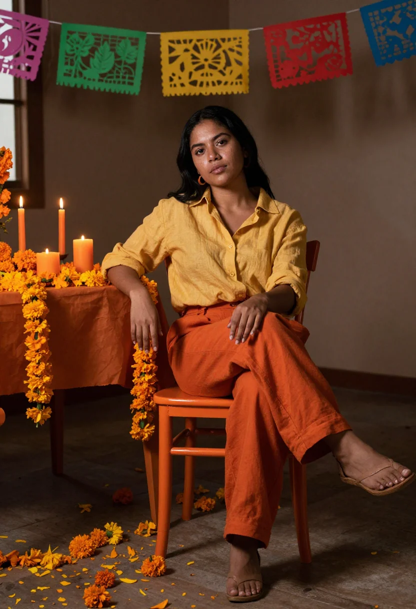 AI cempasuchil orange sample — portrait of a woman, a Mexican woman in her mid-twenties wit