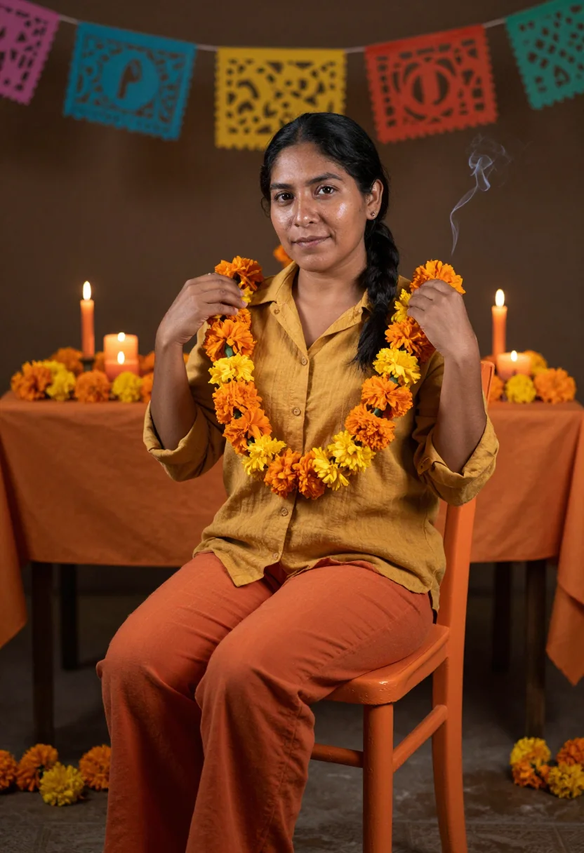 AI cempasuchil orange sample — portrait of a woman, a Mexican woman in her thirties with ol