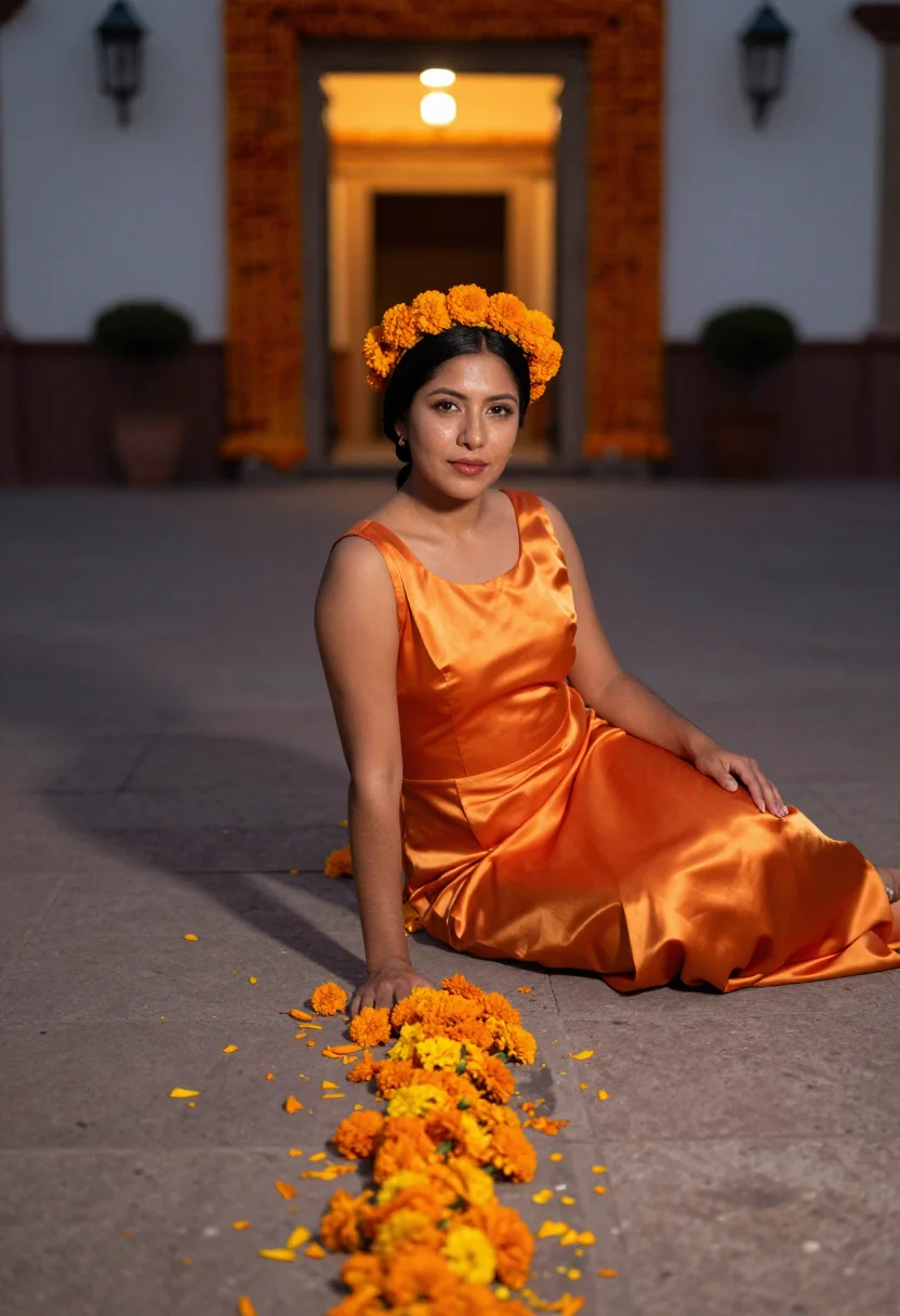 AI cempasuchil orange sample — portrait of a woman, a Mexican woman in her late twenties wi