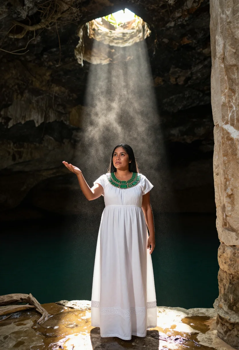 AI cenote sample — portrait of a woman, three-quarter-length portrait of a Maya