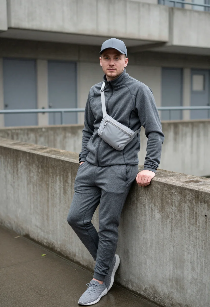 AI central cee west london tech fleece grey sample — portrait of a man, a Polish man in his late twenties with fa