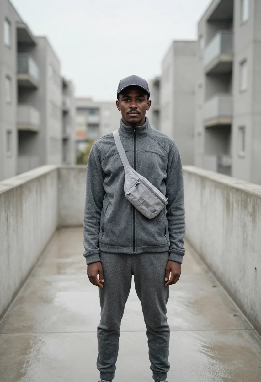 AI central cee west london tech fleece grey sample — portrait of a man, a Somali-British man in his early twentie