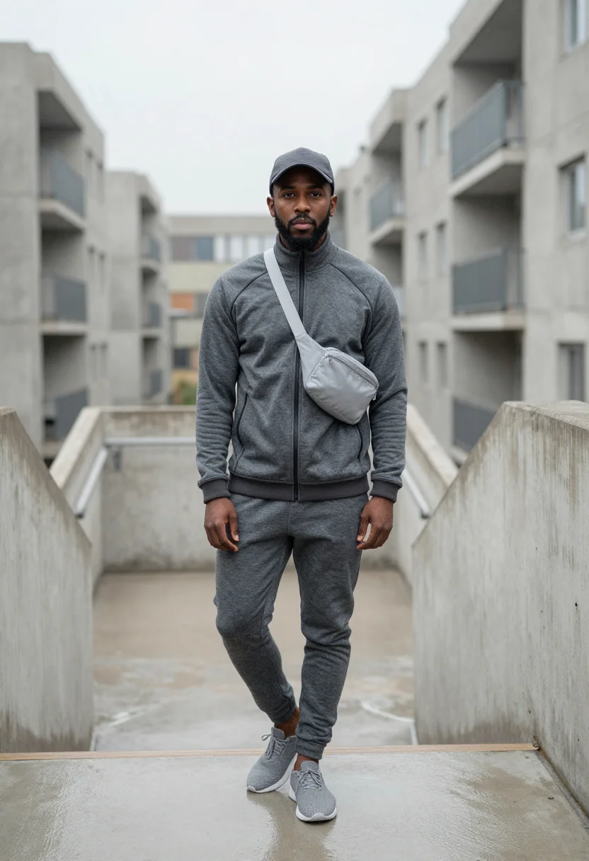 AI central cee west london tech fleece grey sample — portrait of a man, a Jamaican-British man in his late twenti