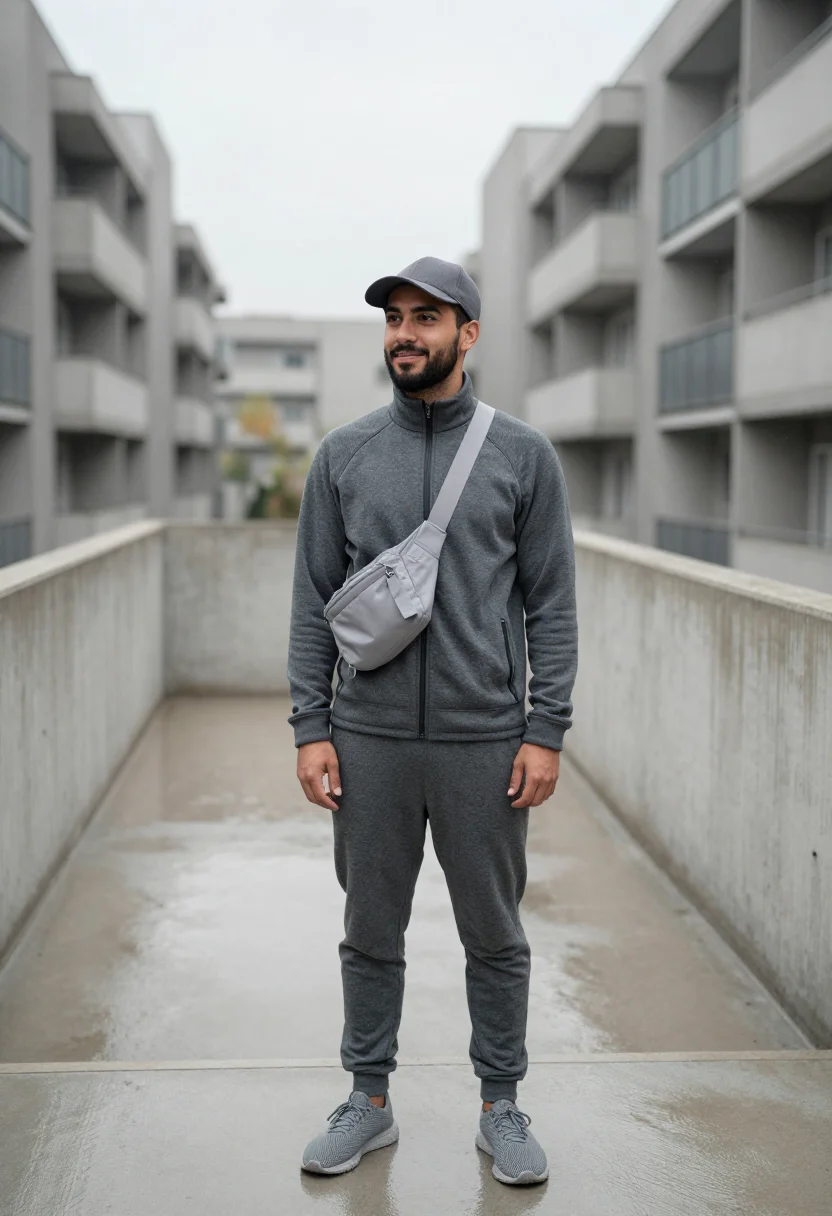 AI central cee west london tech fleece grey sample — portrait of a man, a Portuguese man in his early thirties wi