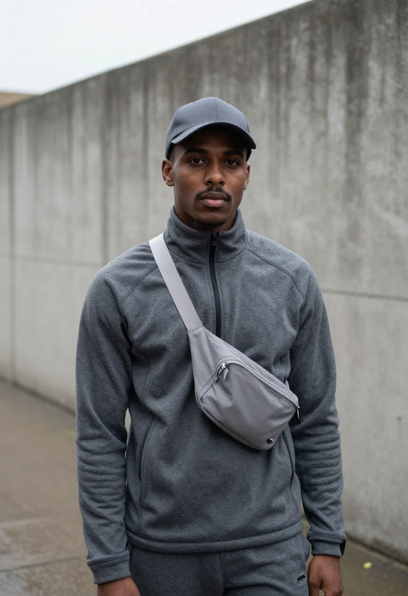 AI central cee west london tech fleece grey sample — portrait of a man, a Black British man in his early twenties