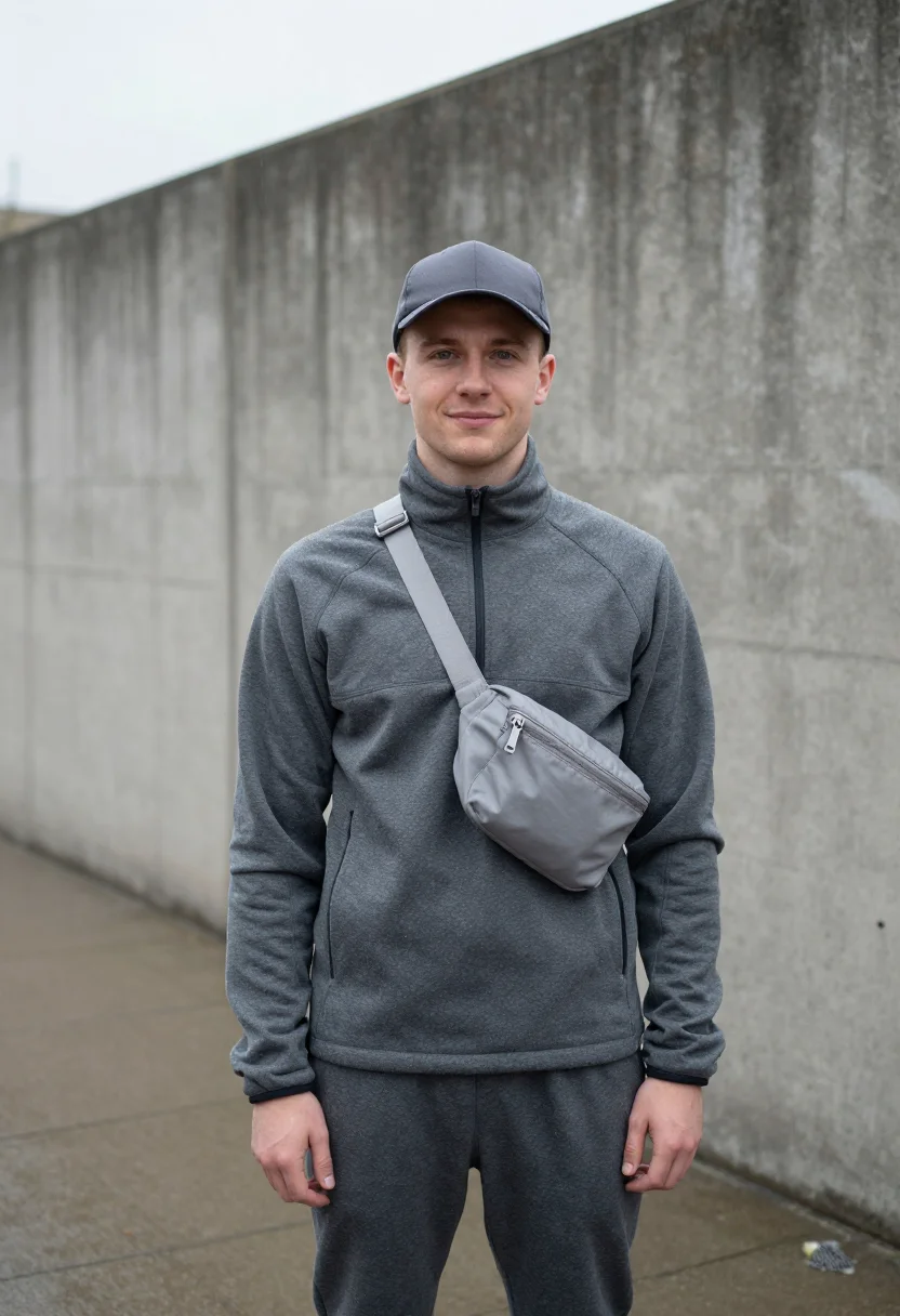 AI central cee west london tech fleece grey sample — portrait of a man, an English man in his mid-twenties with f
