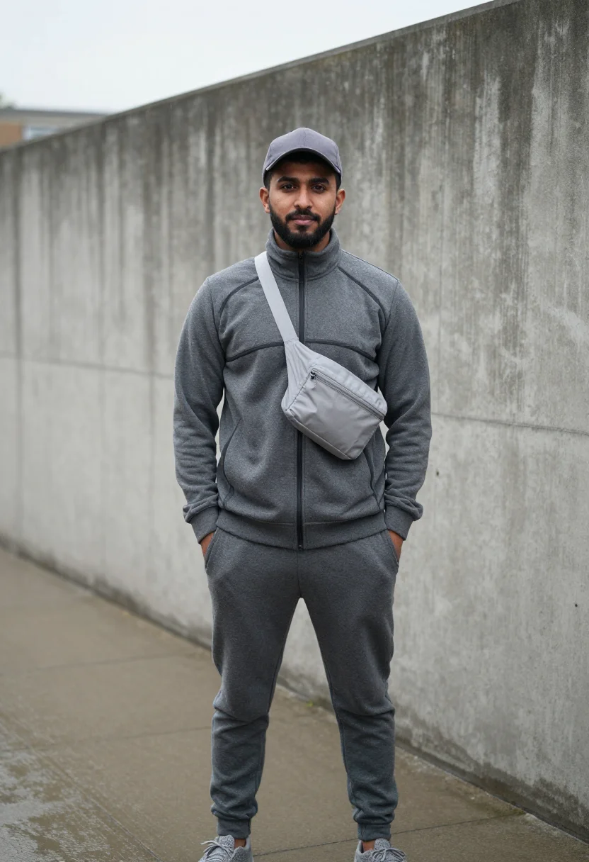 AI central cee west london tech fleece grey sample — portrait of a man, a Pakistani-British man in his late twent