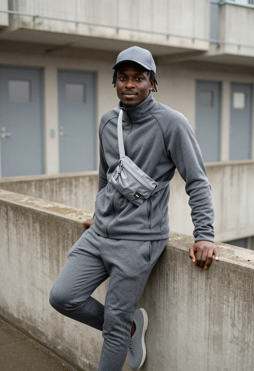 AI central cee west london tech fleece grey sample — portrait of a man, a Ghanaian-British man in his mid-twentie