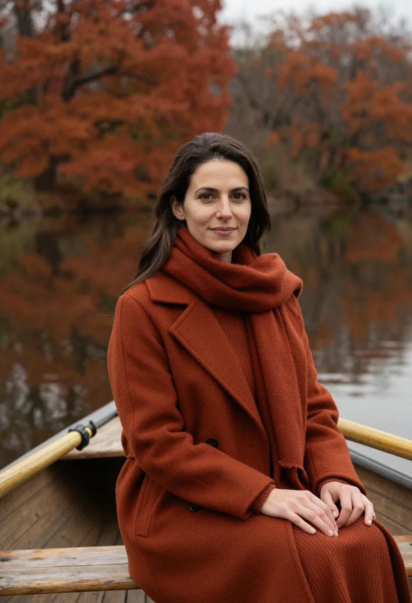 AI central park rowboat rust sample — portrait of a woman, framed half-length from the hips up, a