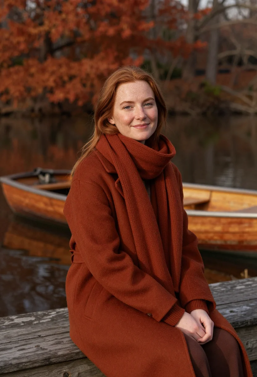 AI central park rowboat rust sample — portrait of a woman, framed three-quarter length from the kn