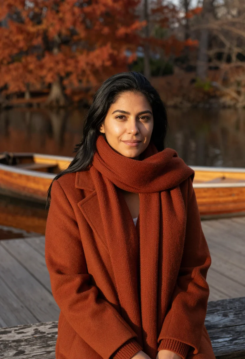 AI central park rowboat rust sample — portrait of a woman, framed chest-up, the crop stopping at t