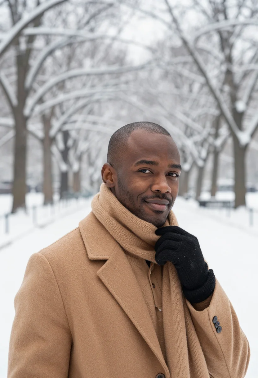 AI central park snow camel sample — portrait of a man, framed head and shoulders, the body close