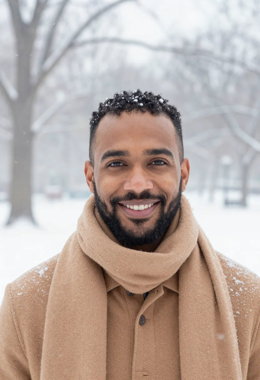 AI central park snow camel sample — portrait of a man, framed head and shoulders, the body close