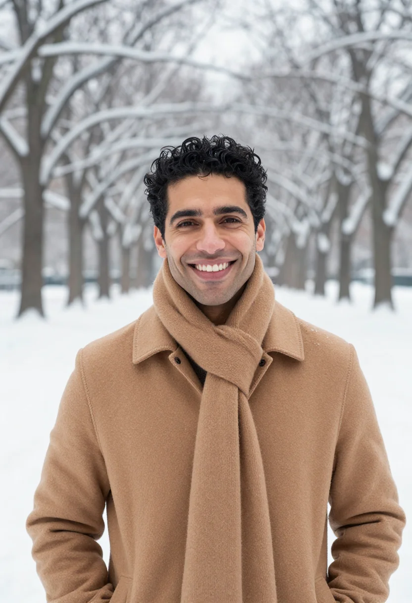 AI central park snow camel sample — portrait of a man, framed chest-up to the ribs, the body clo