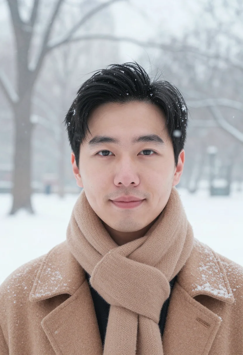 AI central park snow camel sample — portrait of a man, framed tight on the face from the crown t