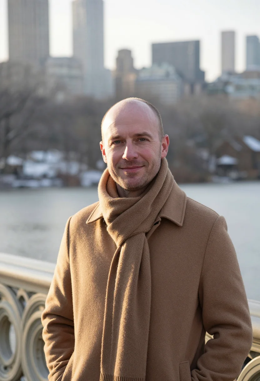 AI central park snow camel sample — portrait of a man, framed head and shoulders, the body close