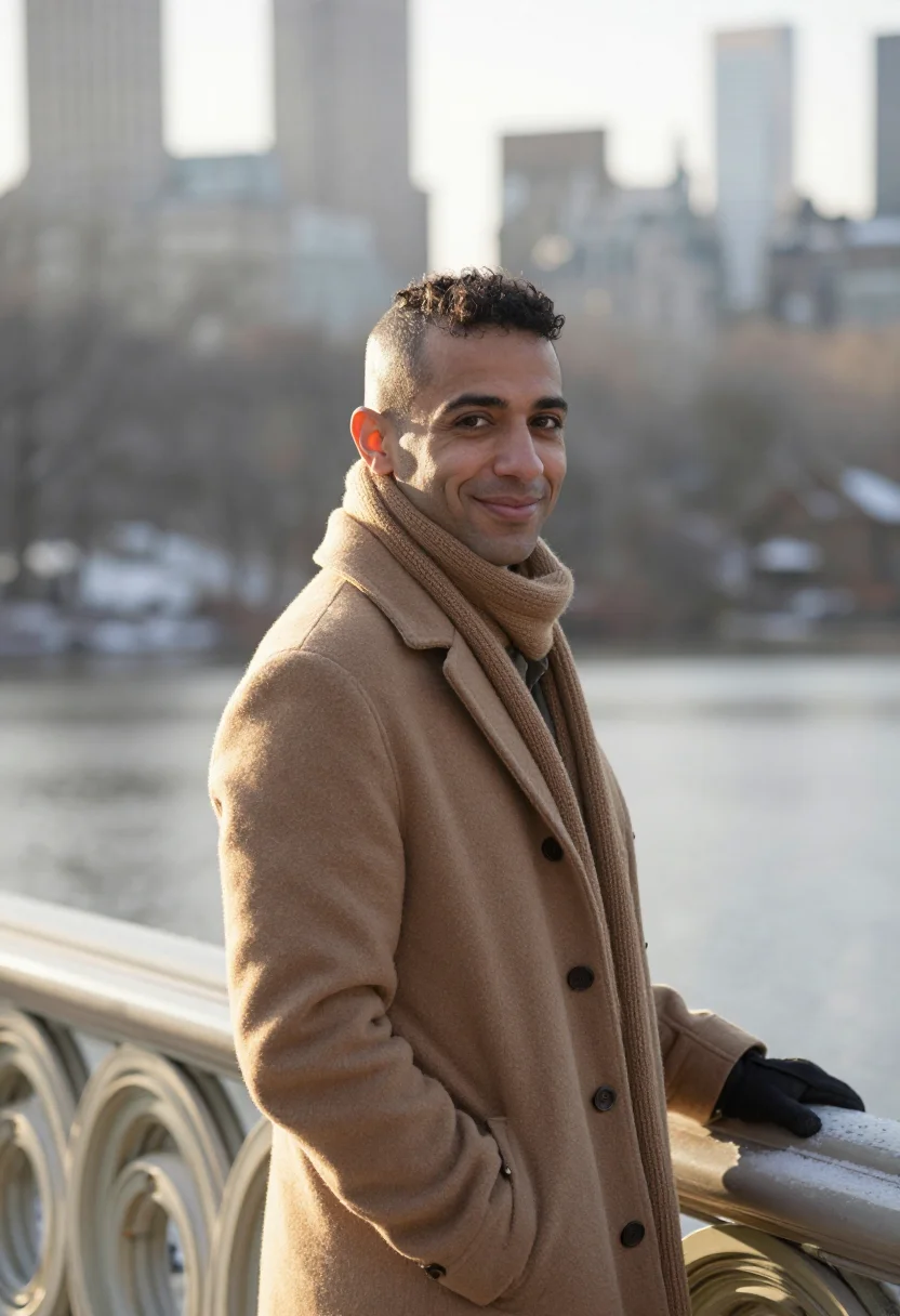 AI central park snow camel sample — portrait of a man, framed chest-up to the ribs, the body clo
