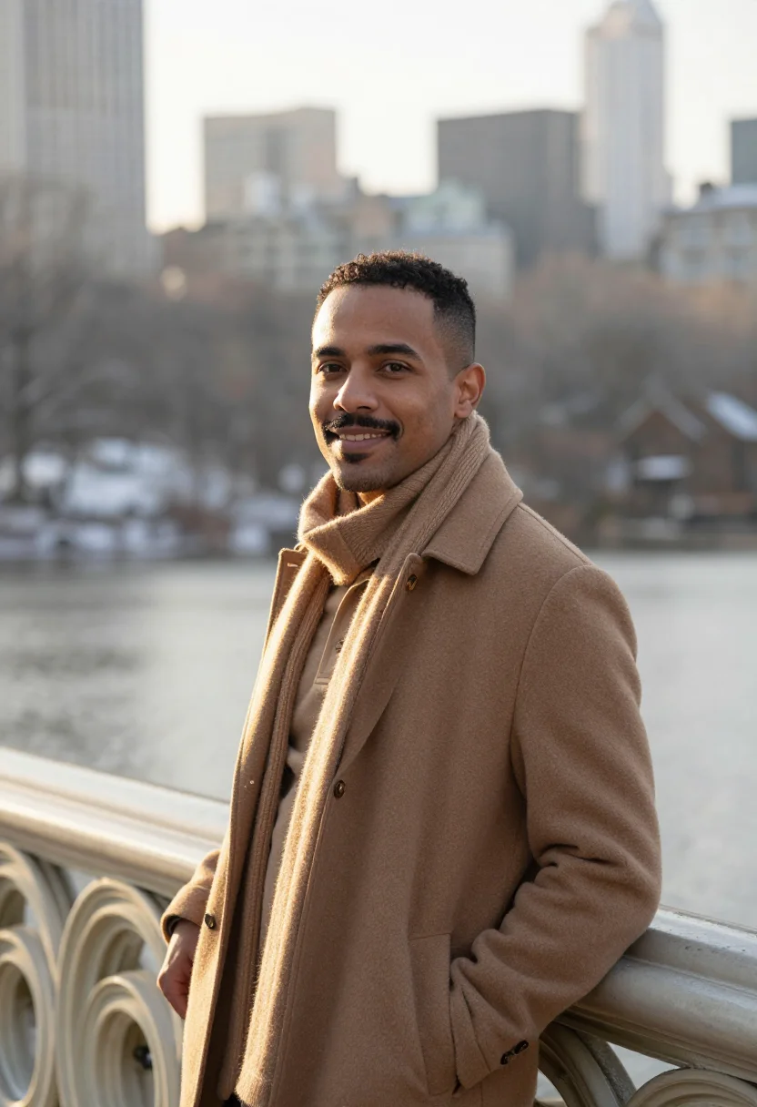 AI central park snow camel sample — portrait of a man, framed chest-up to the ribs, the body clo