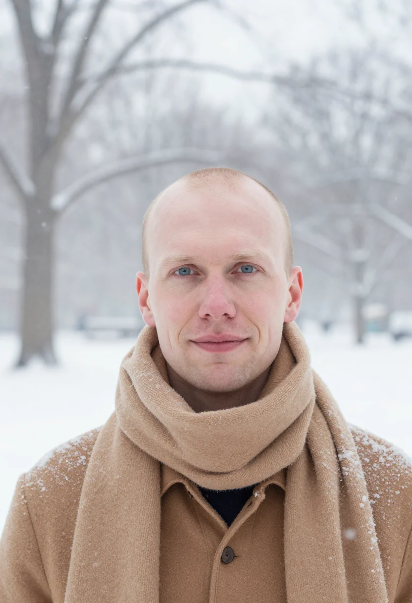 AI central park snow camel sample — portrait of a man, framed tight on the face from the crown t