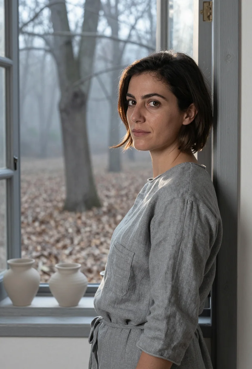 AI ceramicist la borne ash grey sample — portrait of a woman, framed chest-up, cropped at the ribs, t