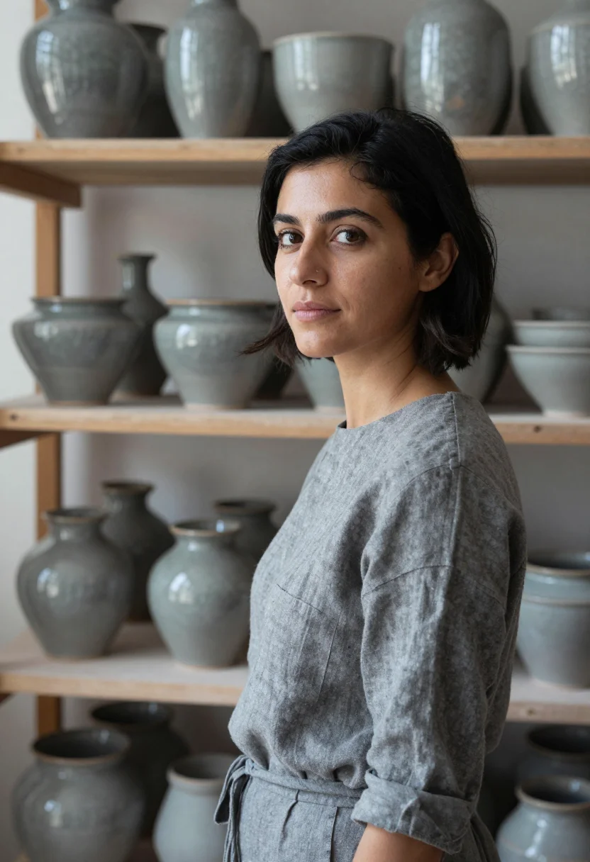 AI ceramicist la borne ash grey sample — portrait of a woman, framed chest-up, cropped at the ribs, t