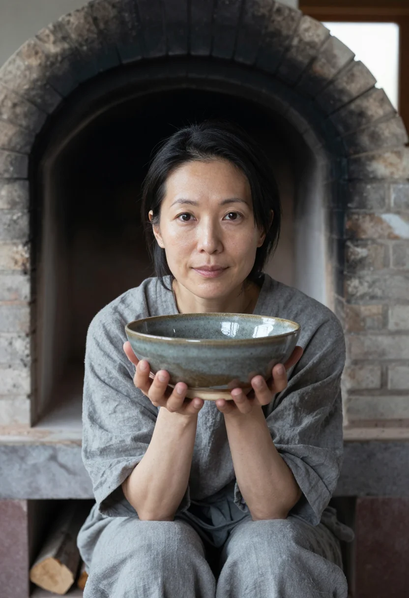 AI ceramicist la borne ash grey sample — portrait of a woman, framed tight, head and shoulders, the b