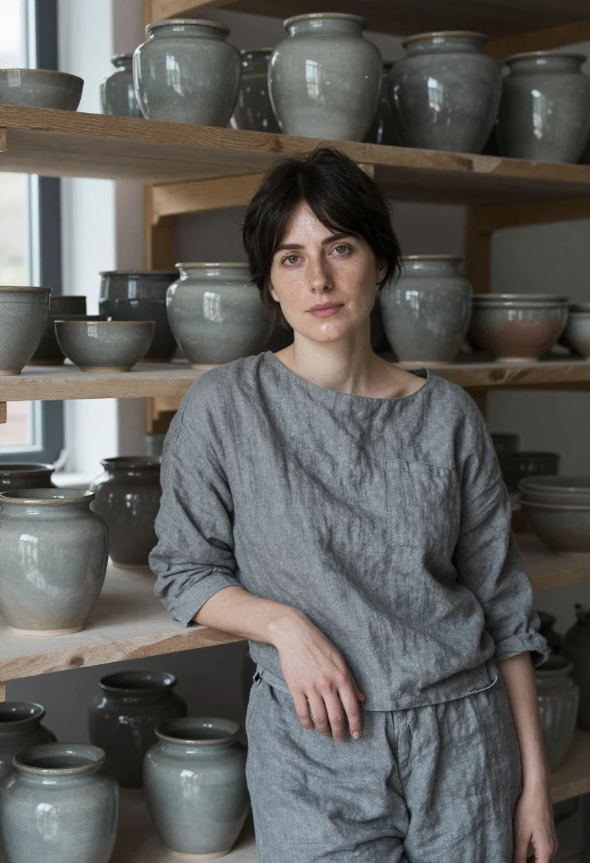 AI ceramicist la borne ash grey sample — portrait of a woman, framed half-length, cropped at the hips