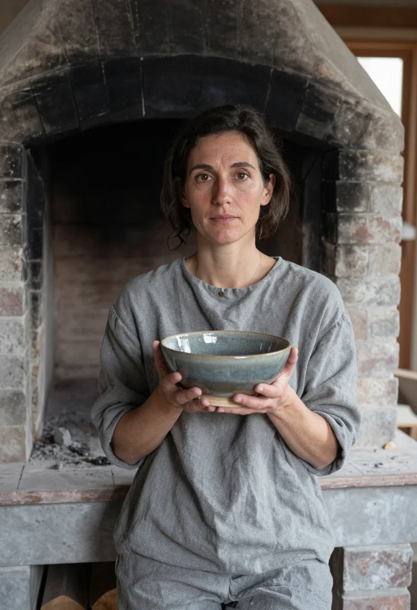 AI ceramicist la borne ash grey sample — portrait of a woman, framed chest-up, cropped at the ribs, t