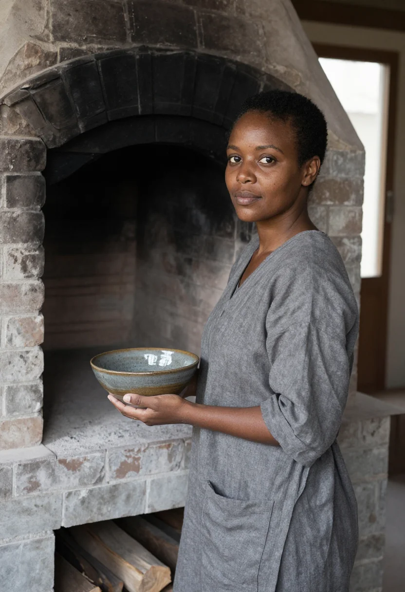 AI ceramicist la borne ash grey sample — portrait of a woman, framed half-length, cropped at the hips