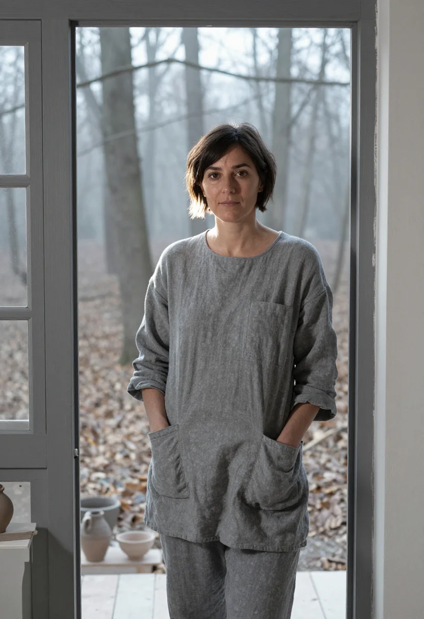 AI ceramicist la borne ash grey sample — portrait of a woman, framed half-length, cropped at the hips
