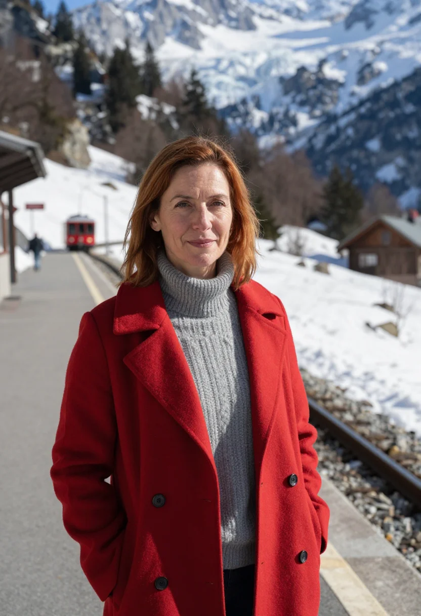 AI chamonix mountain doctor granite red train sample — portrait of a woman, a mountain doctor in her mid-forties wi