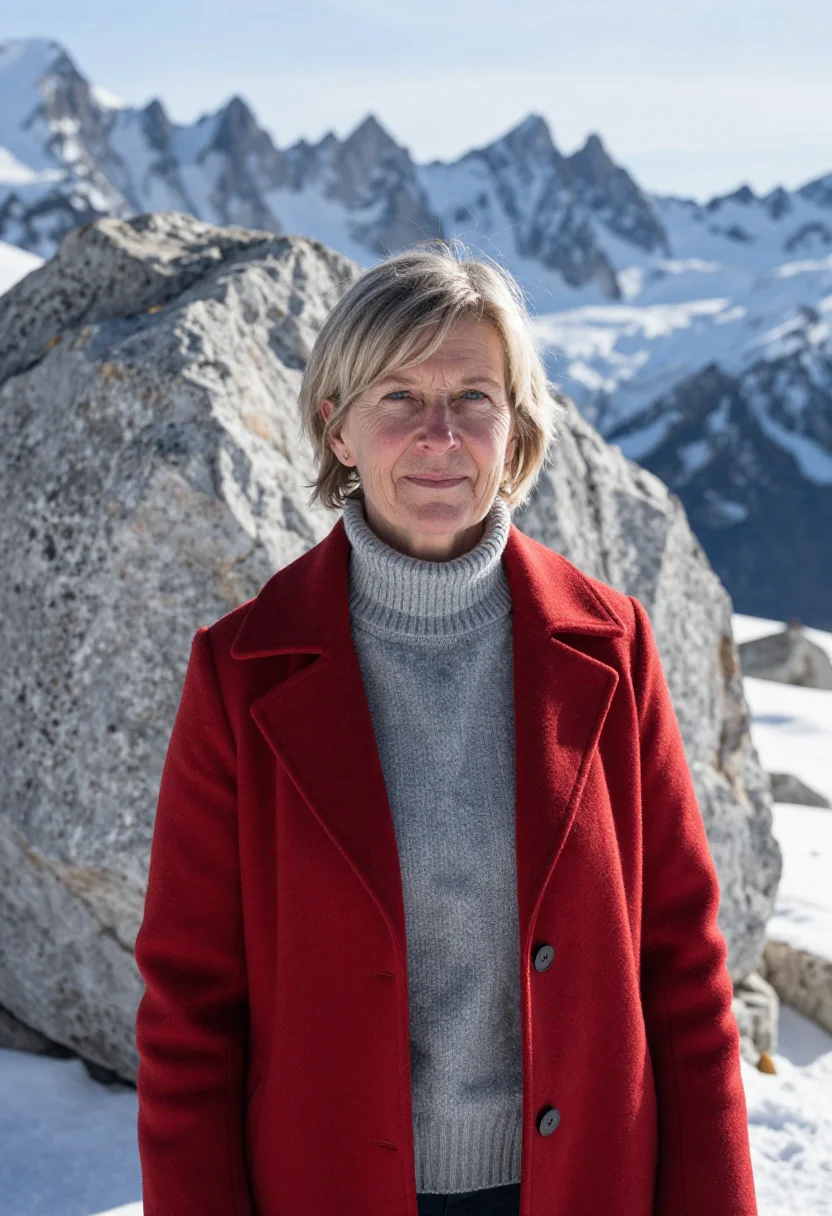 AI chamonix mountain doctor granite red train sample — portrait of a woman, a mountain doctor in her early fifties