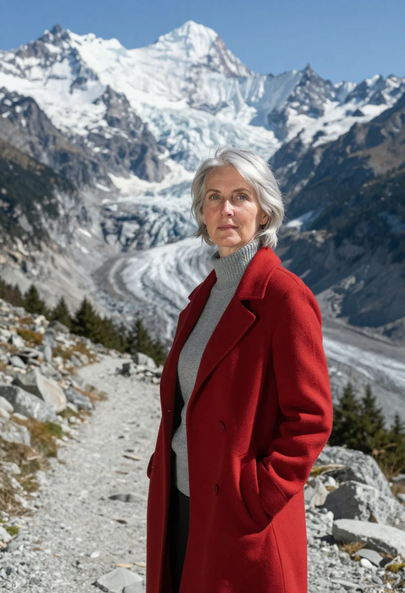 AI chamonix mountain doctor granite red train sample — portrait of a woman, a mountain doctor in her sixties with f