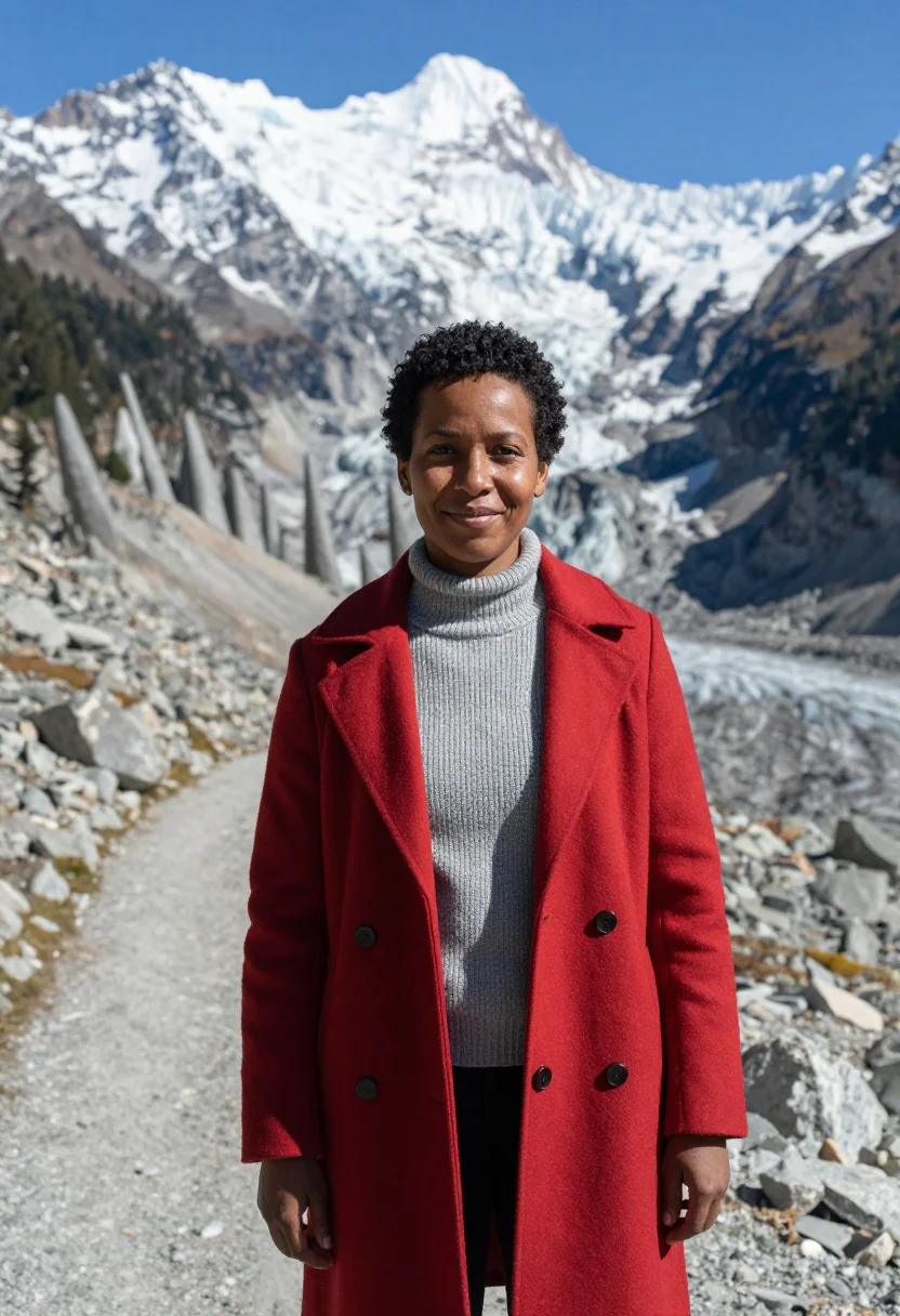 AI chamonix mountain doctor granite red train sample — portrait of a woman, a mountain doctor of Cameroonian descen